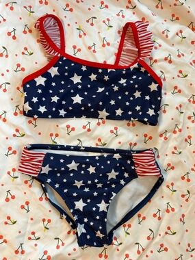 Navy Star Print Two-Piece Swimsuit with Red Trim
